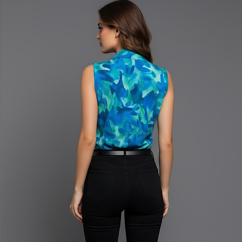 V-Neck Sleeveless Wrap Blouse Blue/Green - Picture 5 of 6